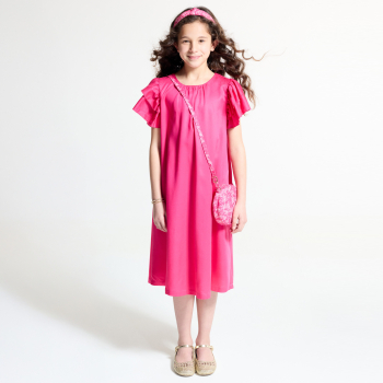 فستان سادة بأكمام قصيرة مكشكشة وردي اللون للفتيات